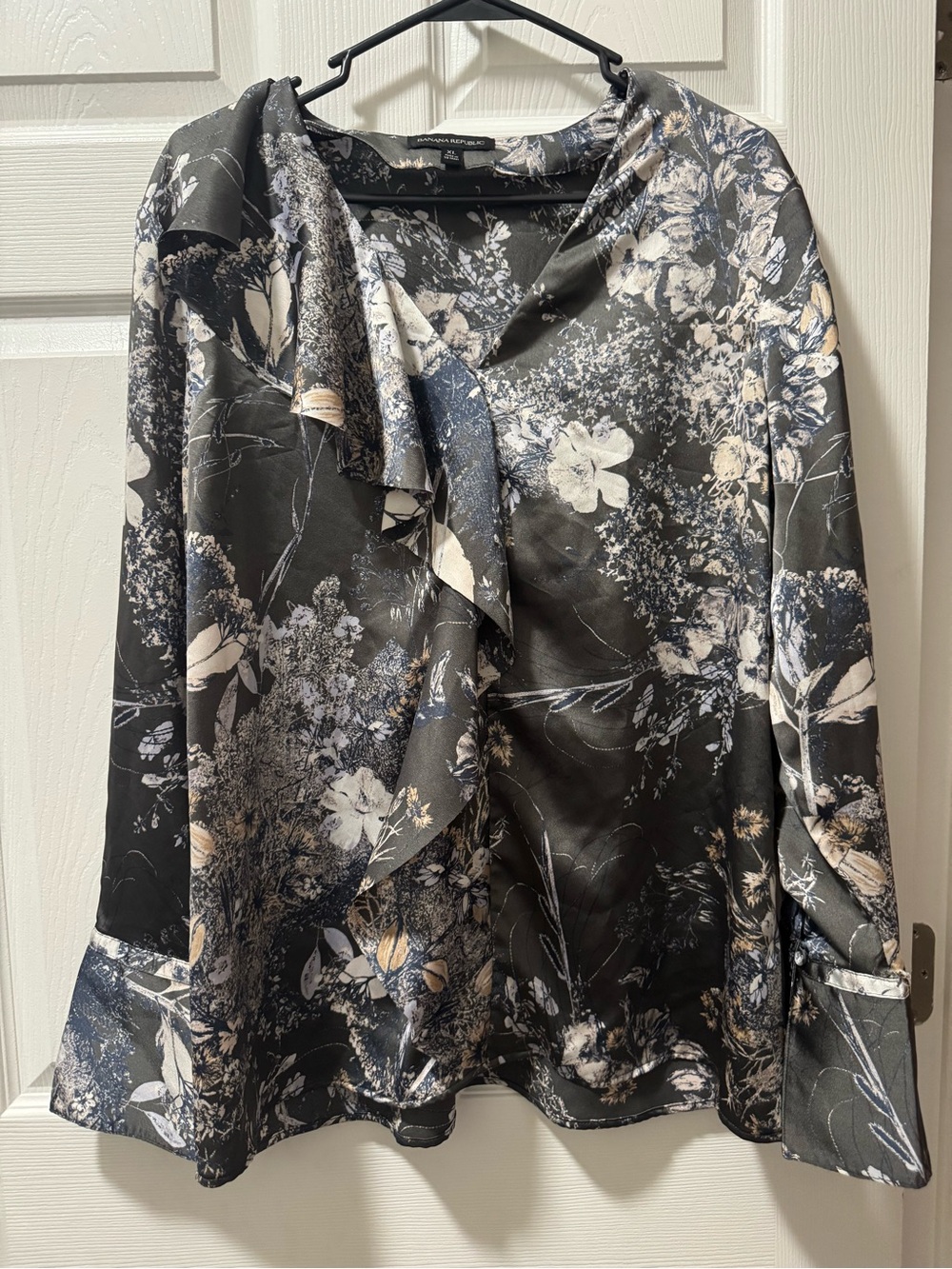 Banana Republic Black Floral Ruffle Front Blouse